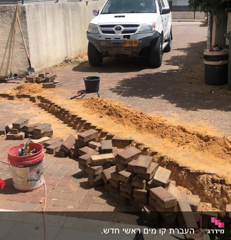 חפירה באדמה עם כלים לבנייה ותיקון צנרת